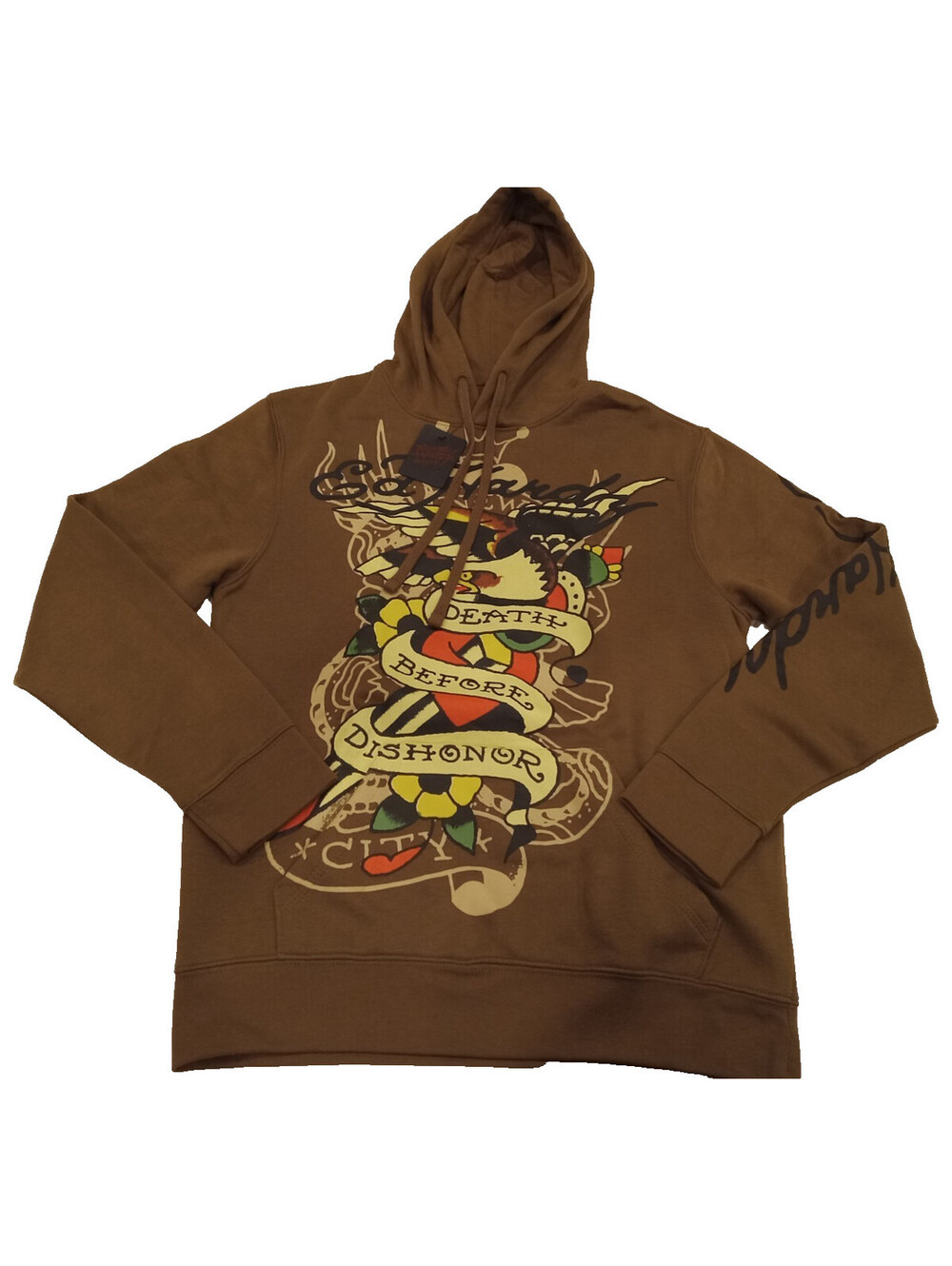 Ed Hardy Hoodie Mens Small Mocha Death Before Dishonor Tattoo Graphic Y2K New
